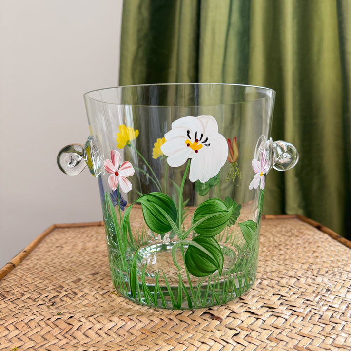 Vintage Hand-Painted Floral Glass Ice Bucket