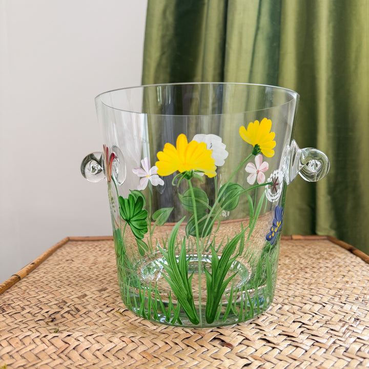 Vintage Hand-Painted Floral Glass Ice Bucket