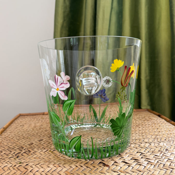 Vintage Hand-Painted Floral Glass Ice Bucket