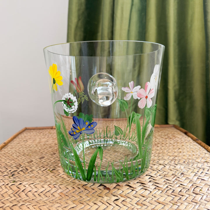 Vintage Hand-Painted Floral Glass Ice Bucket