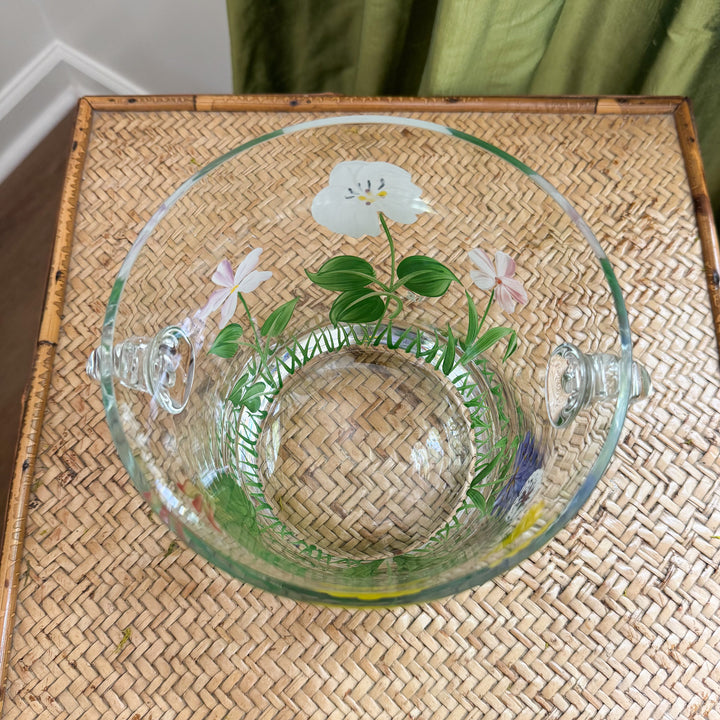 Vintage Hand-Painted Floral Glass Ice Bucket