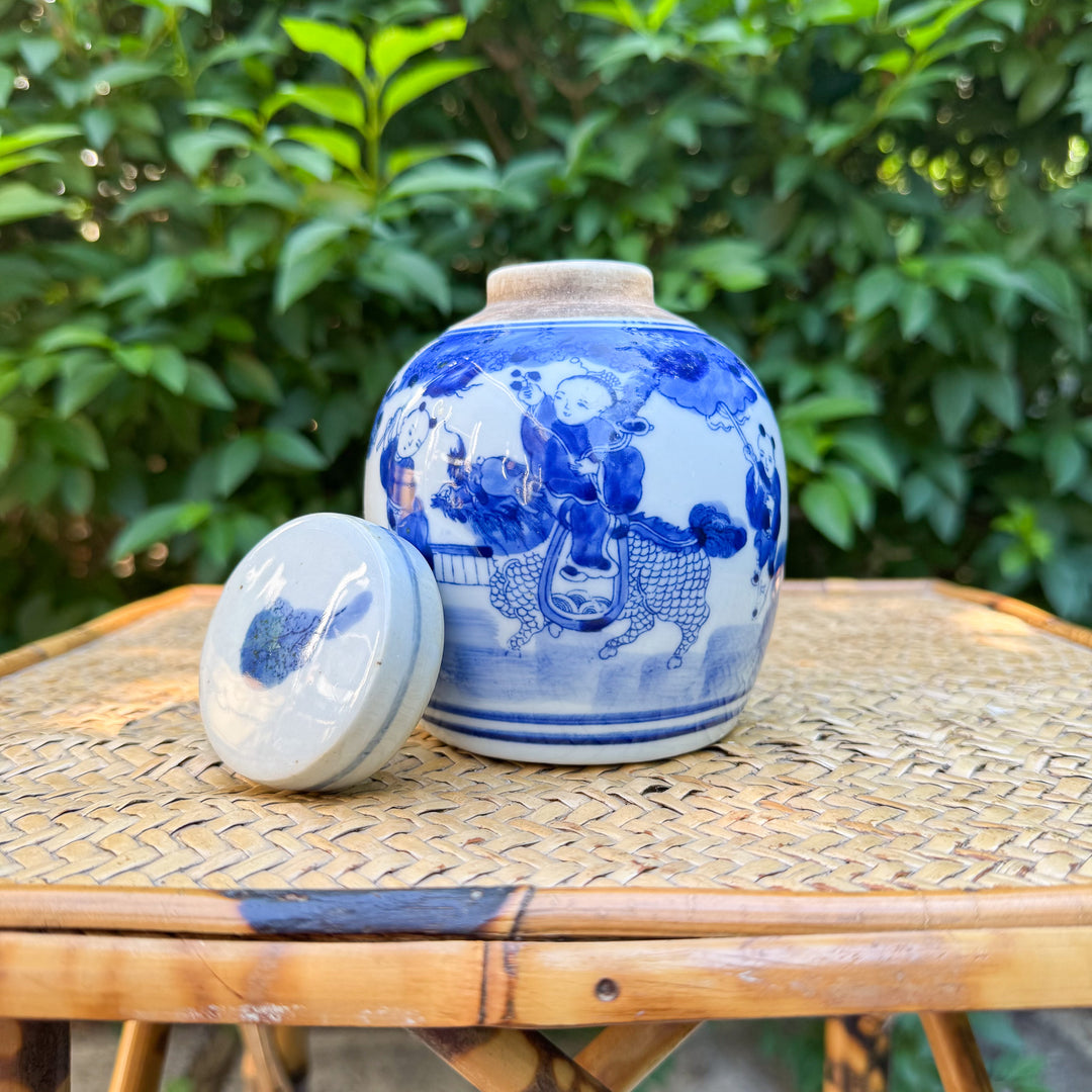 Mini Blue and White Children Playing Ginger Jar