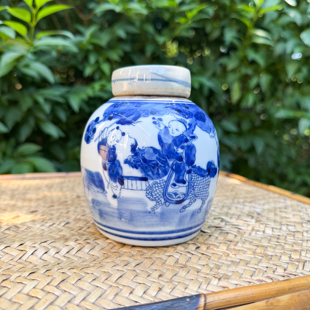 Mini Blue and White Children Playing Ginger Jar