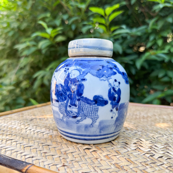 Mini Blue and White Children Playing Ginger Jar