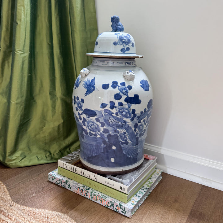 Large Classic Blue and White Floral and Bird Temple Jar