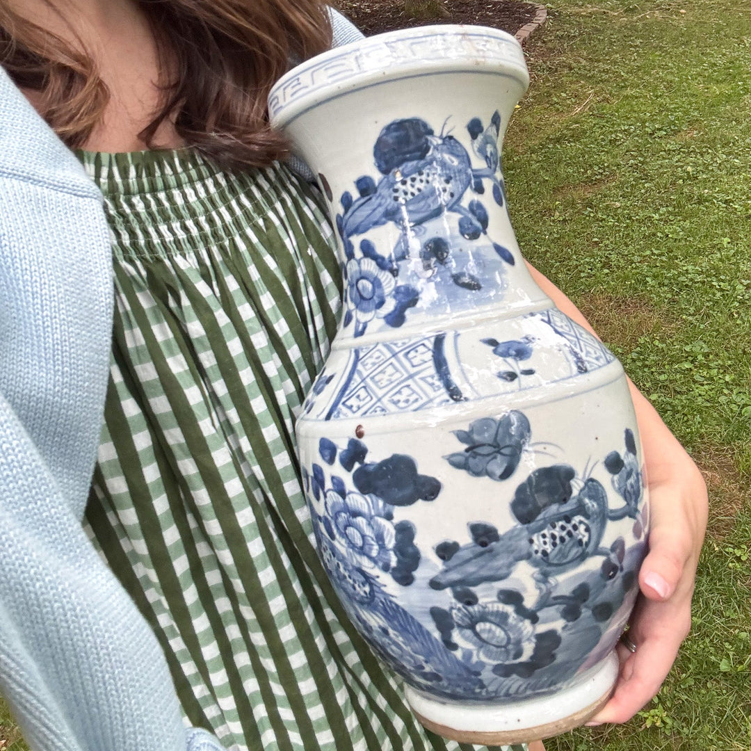 Large Classic Blue and White Floral and Bird Vase