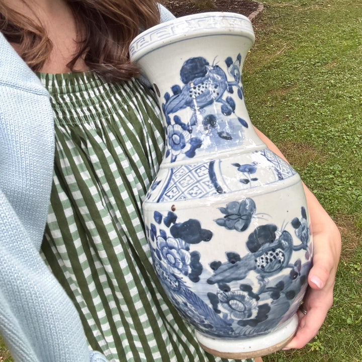 Large Classic Blue and White Floral and Bird Vase