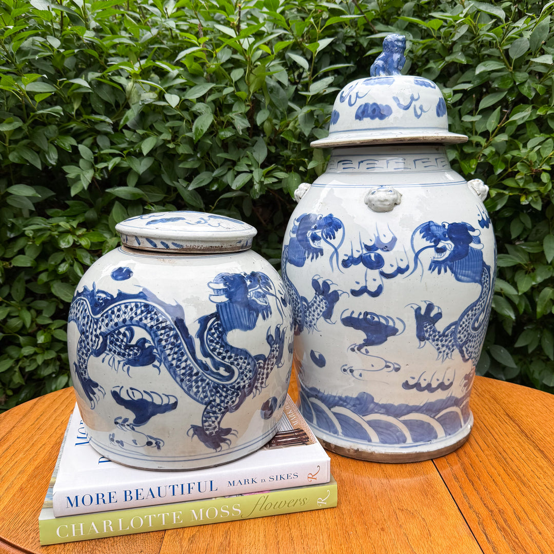 Blue and White Dragon Chinoiserie Temple Jar