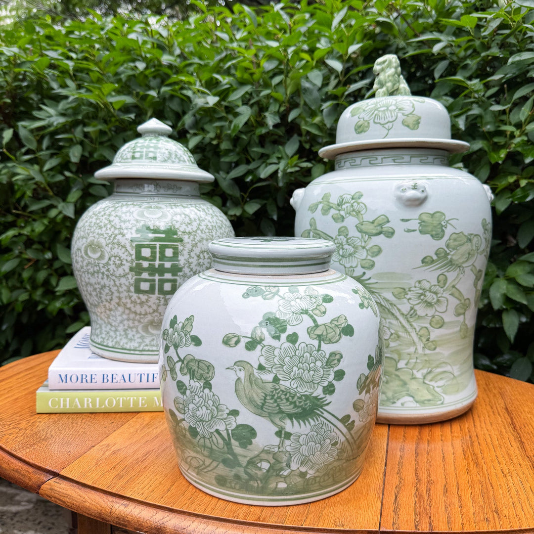 Green and White Floral Ginger Jar