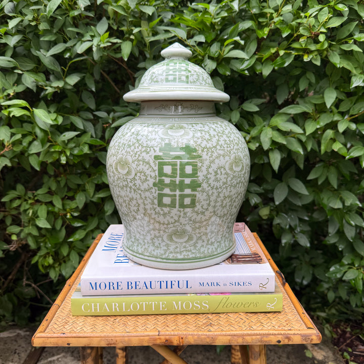 Green and White Double Happiness Temple Jar