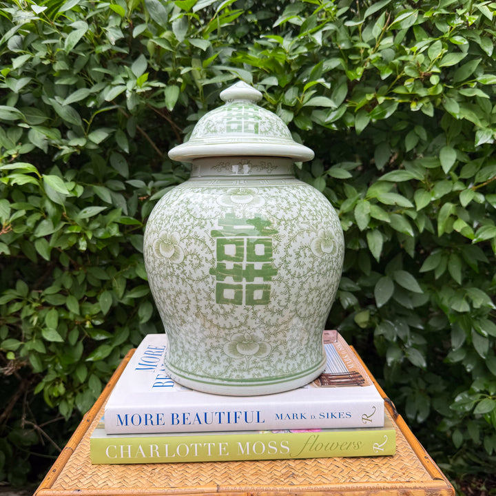 Green and White Double Happiness Temple Jar