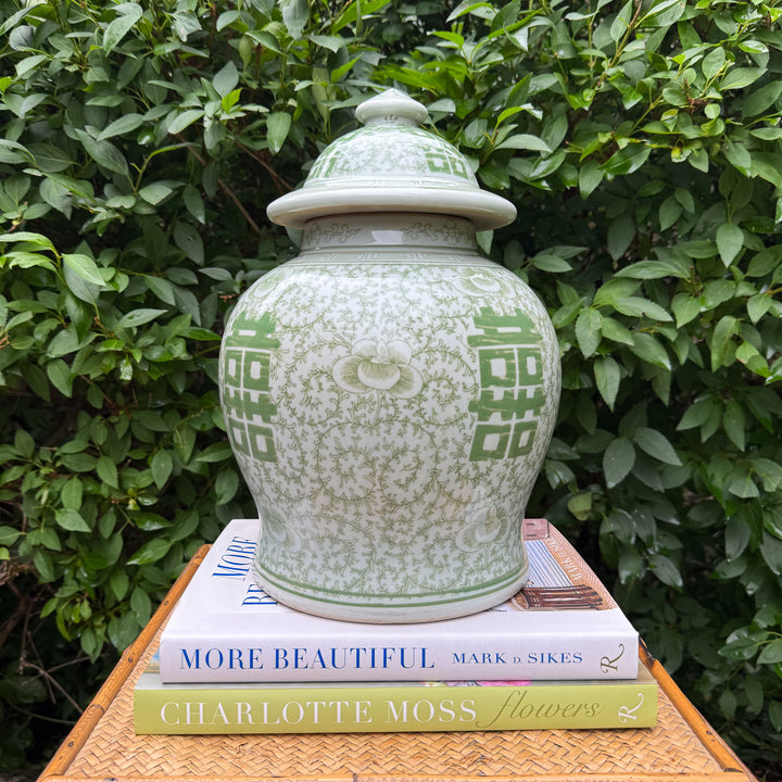 Green and White Double Happiness Temple Jar