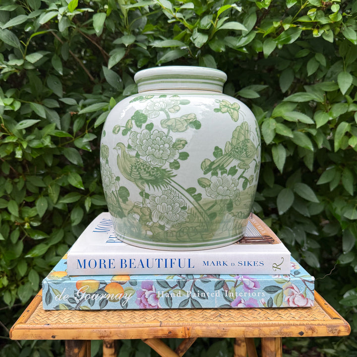 Green and White Floral Ginger Jar