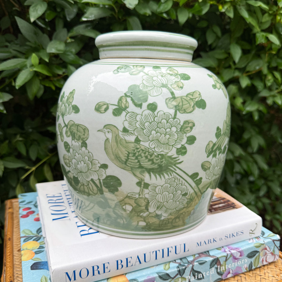 Green and White Floral Ginger Jar