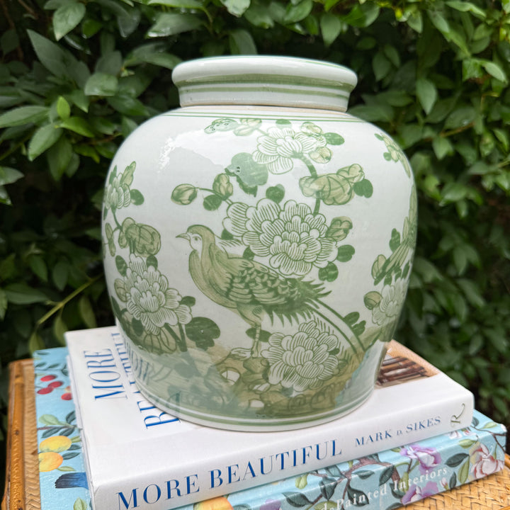 Green and White Floral Ginger Jar
