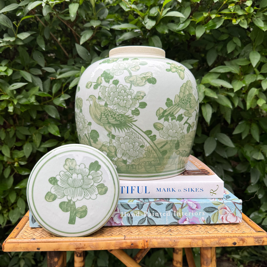 Green and White Floral Ginger Jar