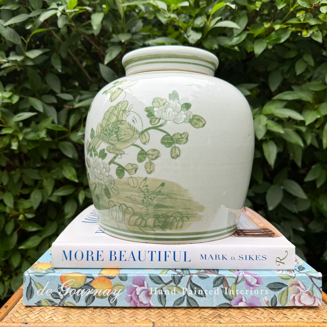 Green and White Floral Ginger Jar