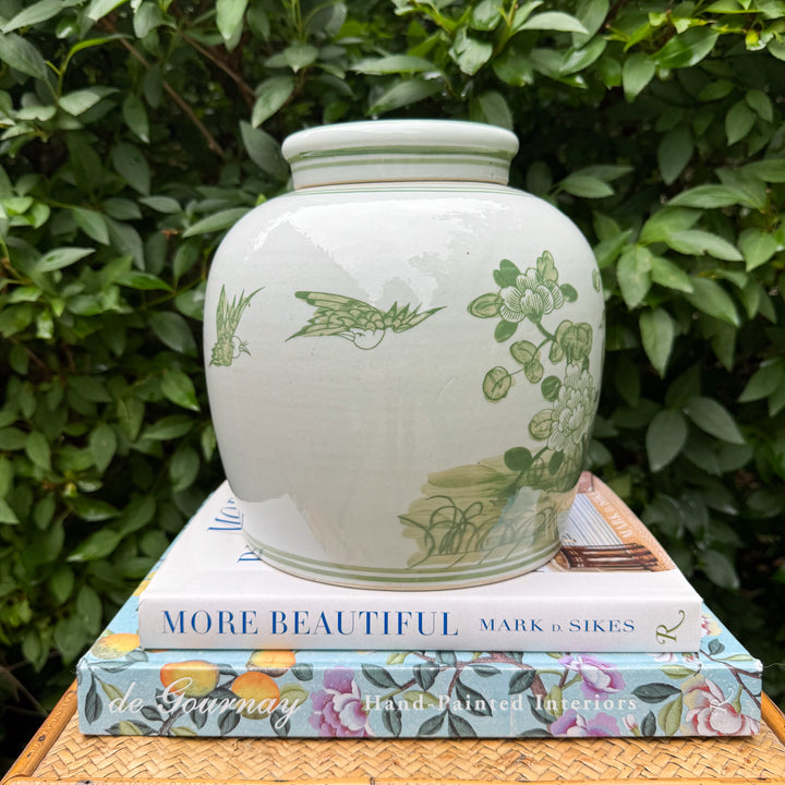 Green and White Floral Ginger Jar