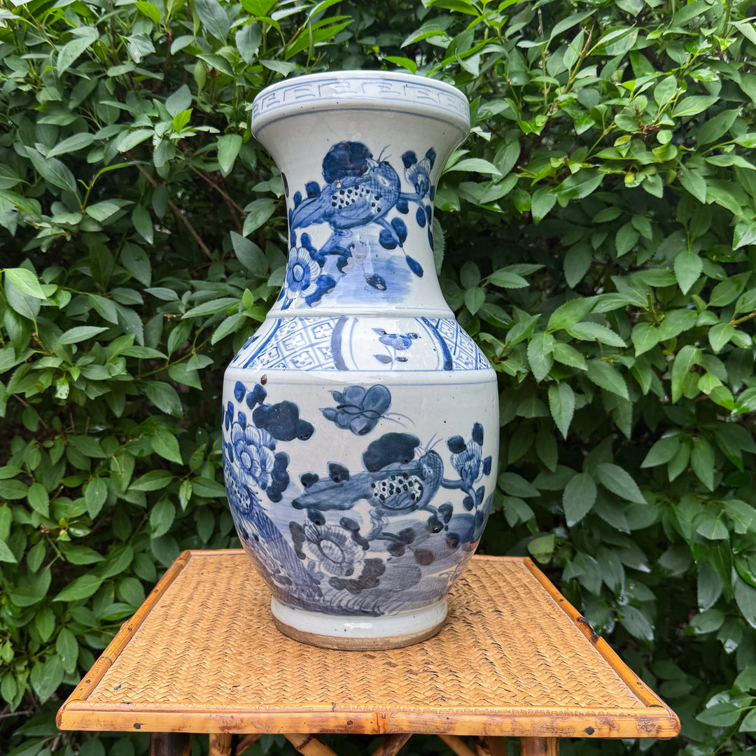 Large Classic Blue and White Floral and Bird Vase