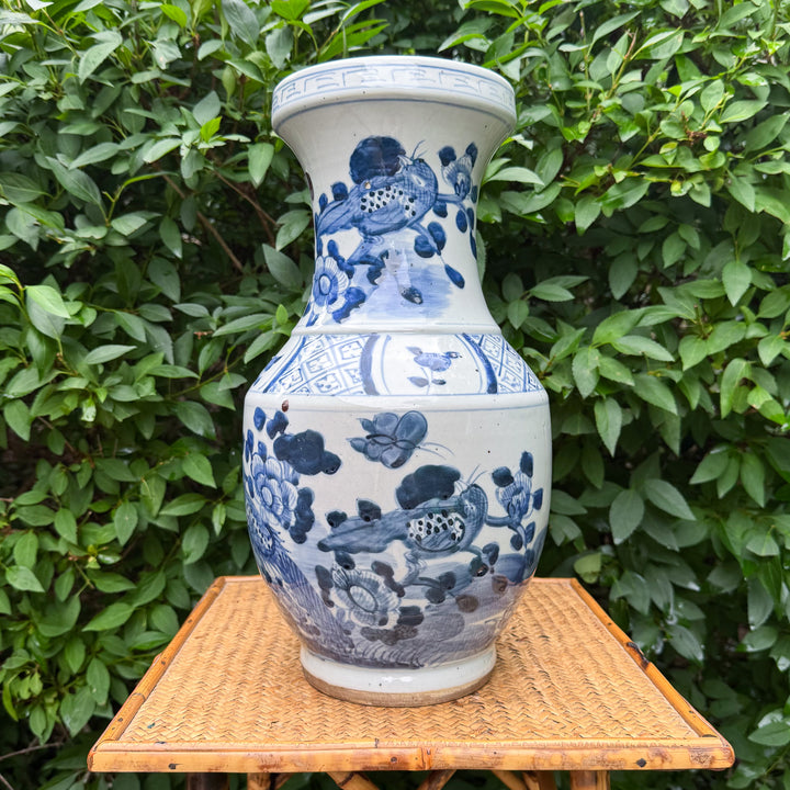 Large Classic Blue and White Floral and Bird Vase