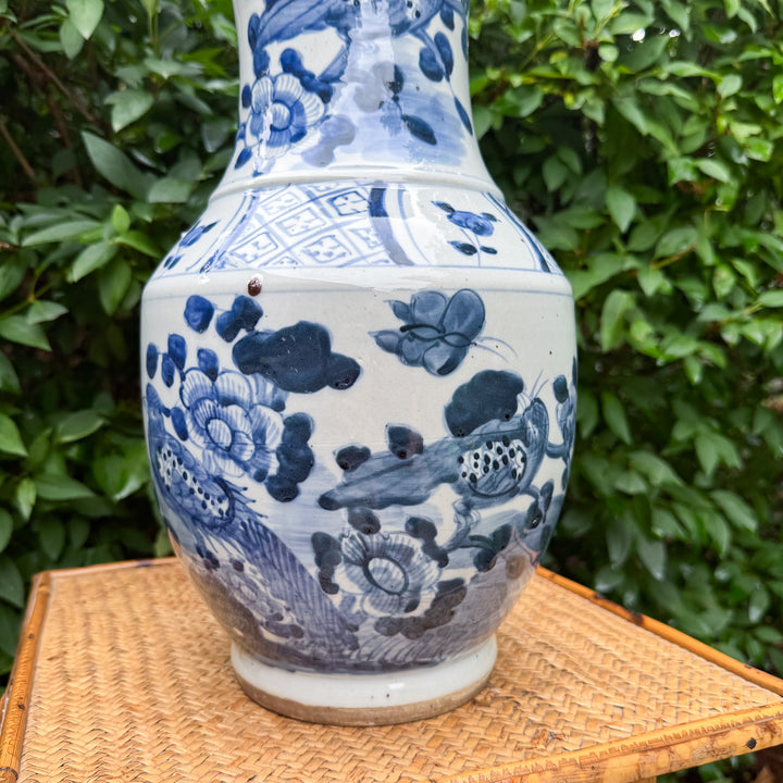 Large Classic Blue and White Floral and Bird Vase