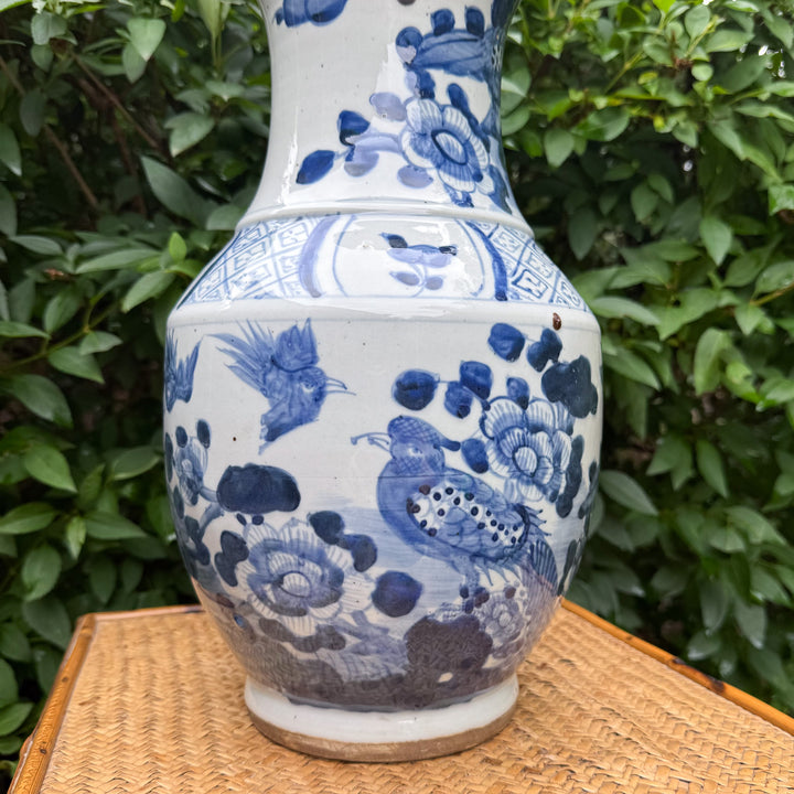 Large Classic Blue and White Floral and Bird Vase