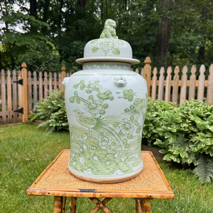Large Green and White Floral Temple Jar