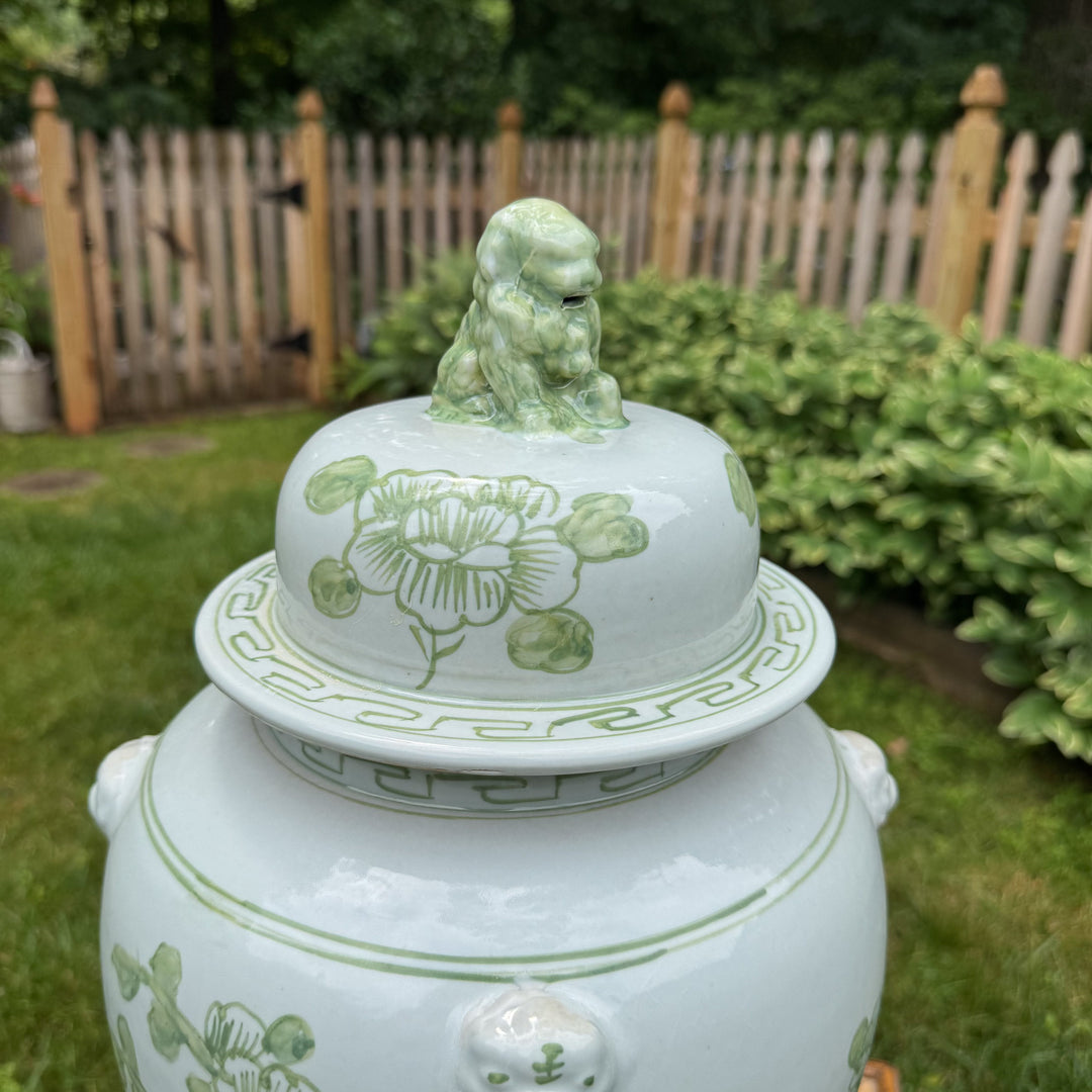 Large Green and White Floral Temple Jar