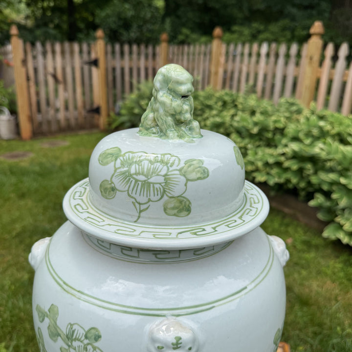 Large Green and White Floral Temple Jar