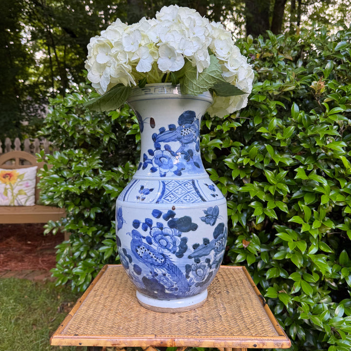 Large Classic Blue and White Floral and Bird Vase