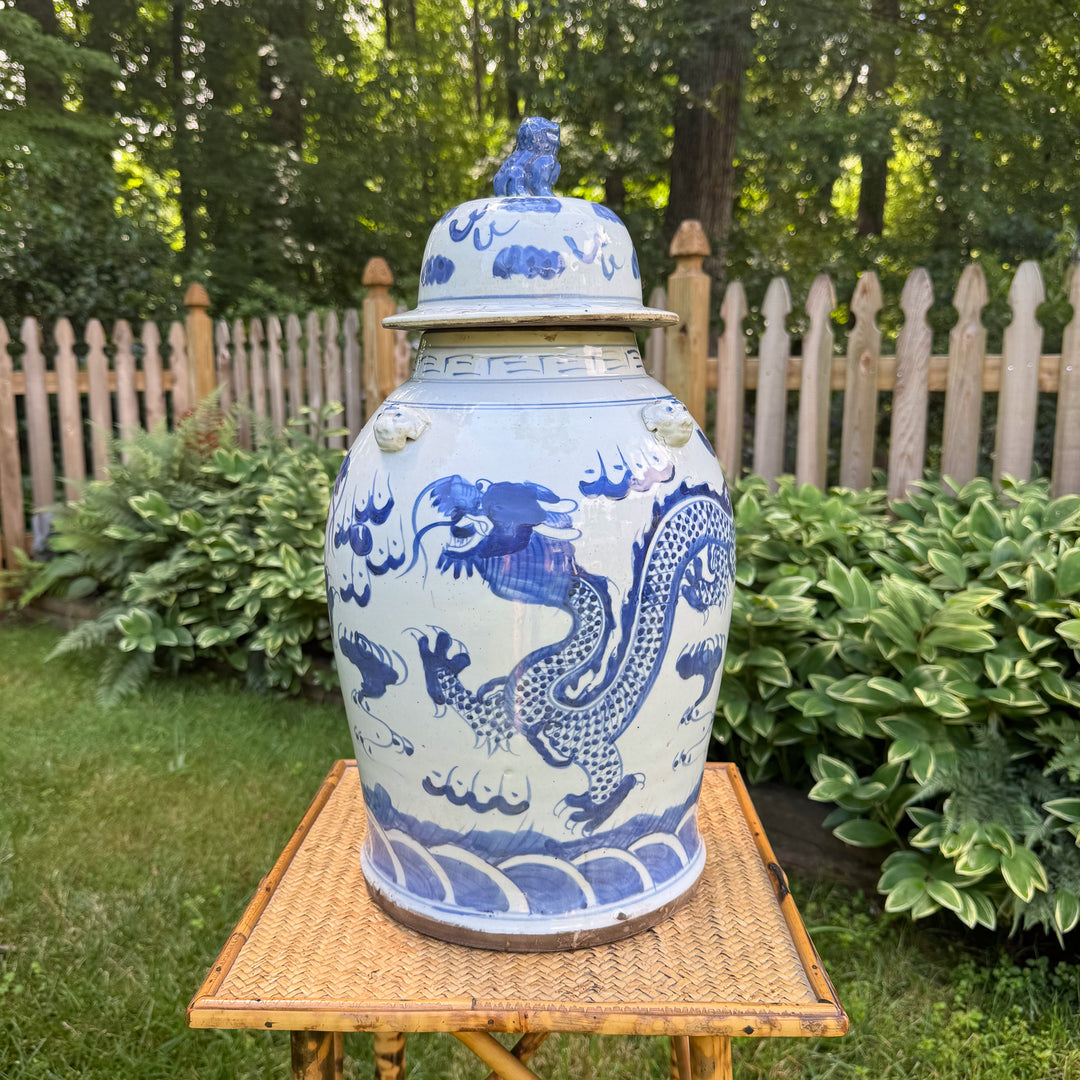 Blue and White Dragon Chinoiserie Temple Jar