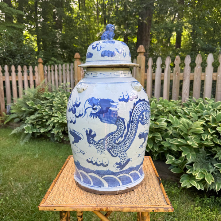 Blue and White Dragon Chinoiserie Temple Jar