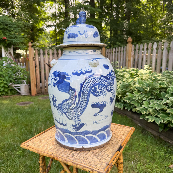 Blue and White Dragon Chinoiserie Temple Jar