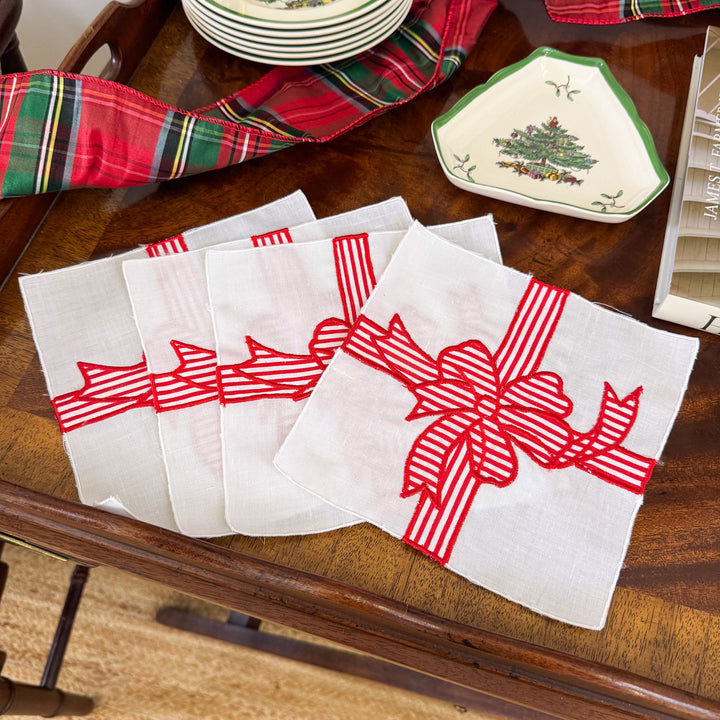 Vintage Christmas Red Striped Bow Cocktail Napkins