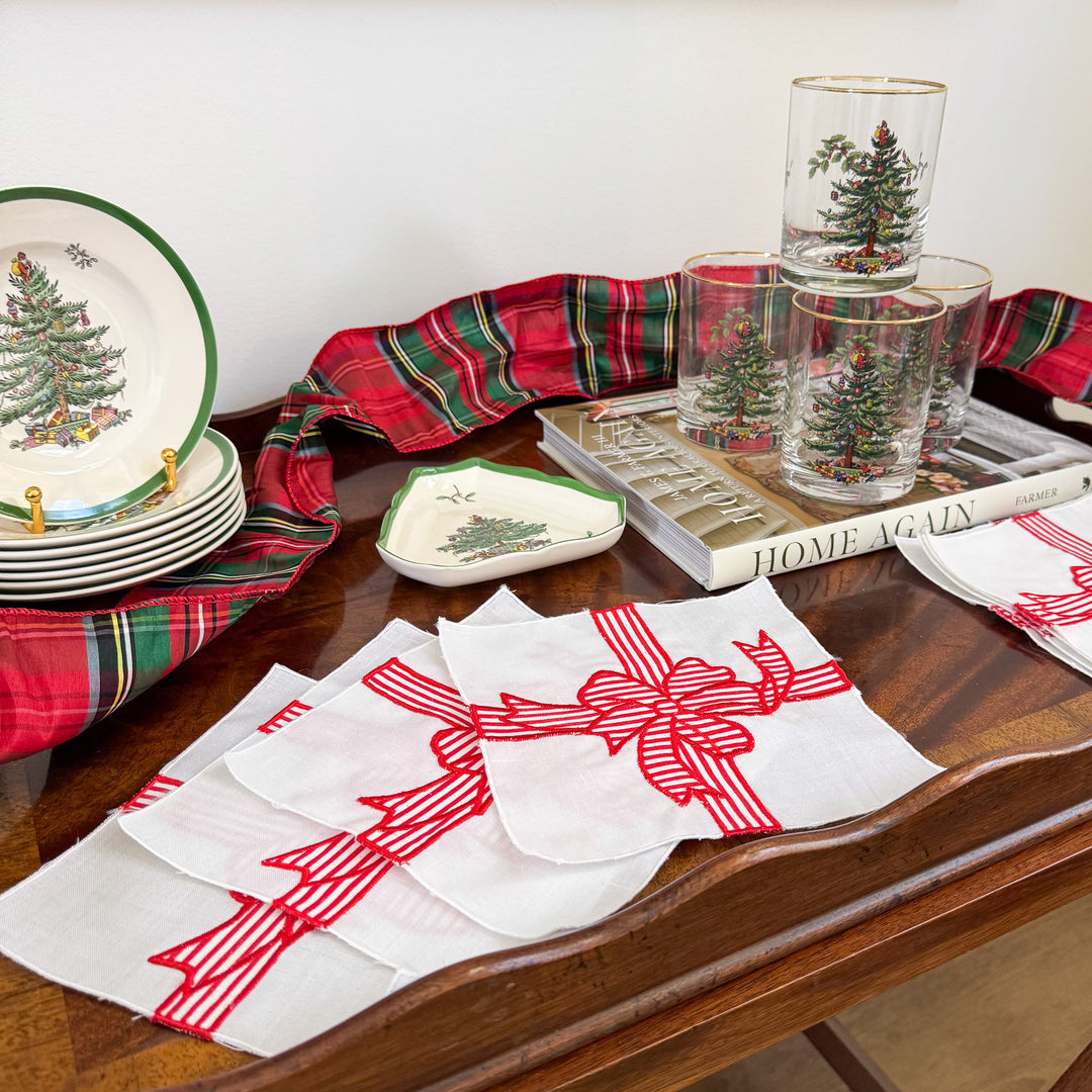 Vintage Christmas Red Striped Bow Cocktail Napkins