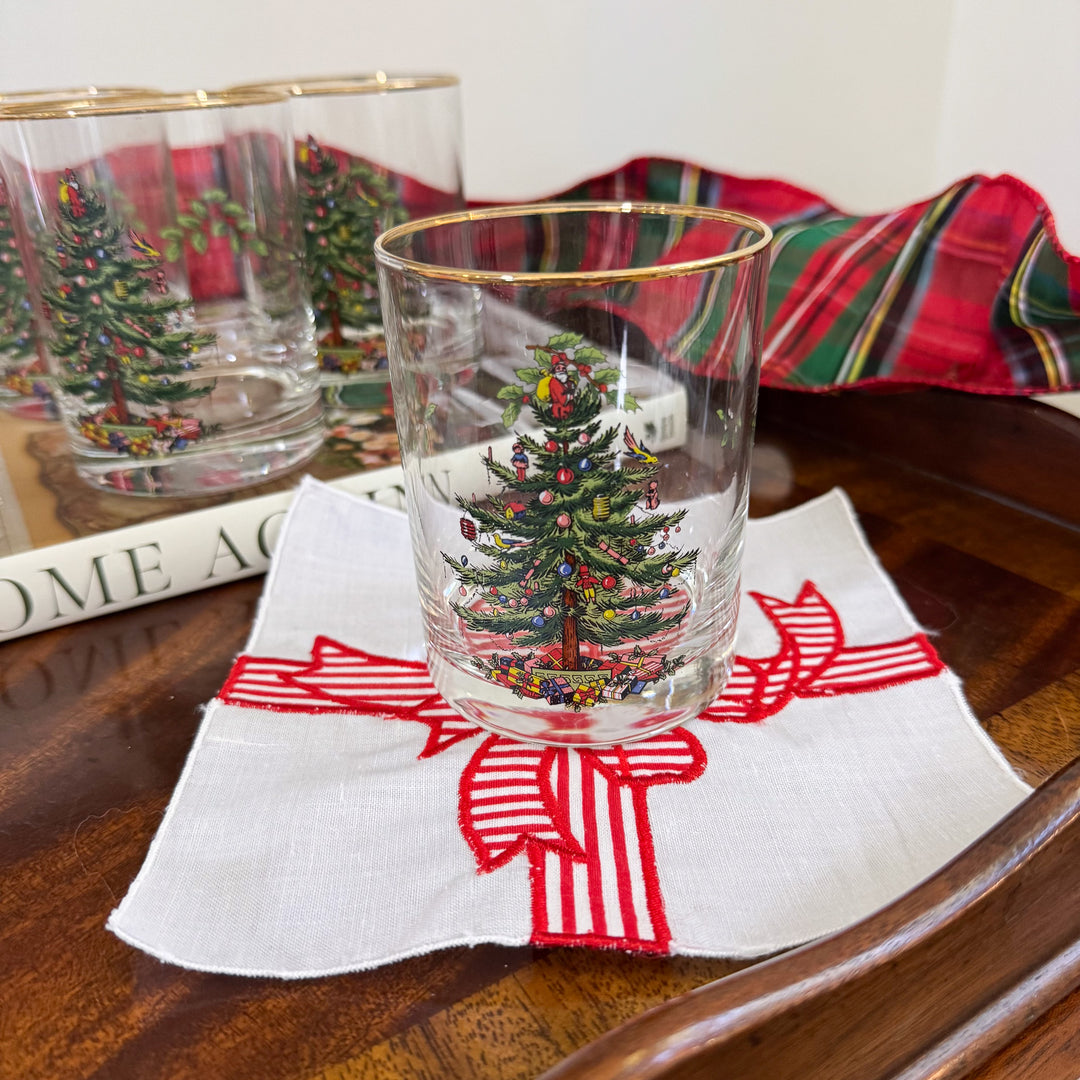 Vintage Christmas Red Striped Bow Cocktail Napkins