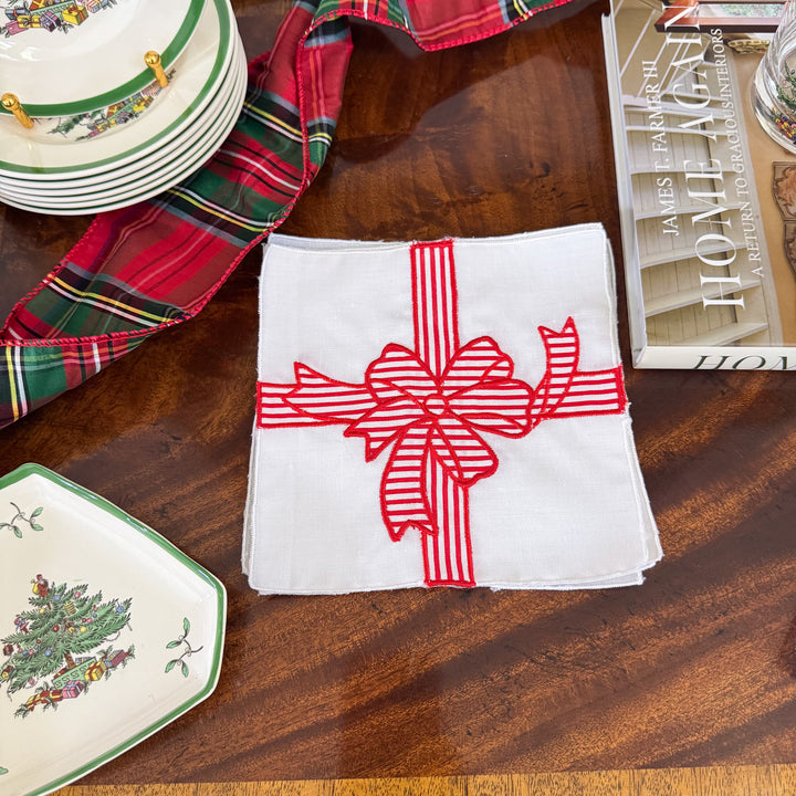 Vintage Christmas Red Striped Bow Cocktail Napkins