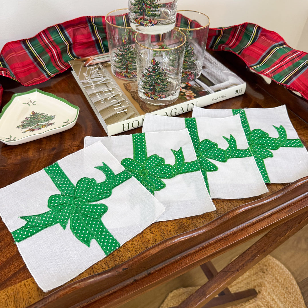 Vintage Christmas Green Bow Cocktail Napkins