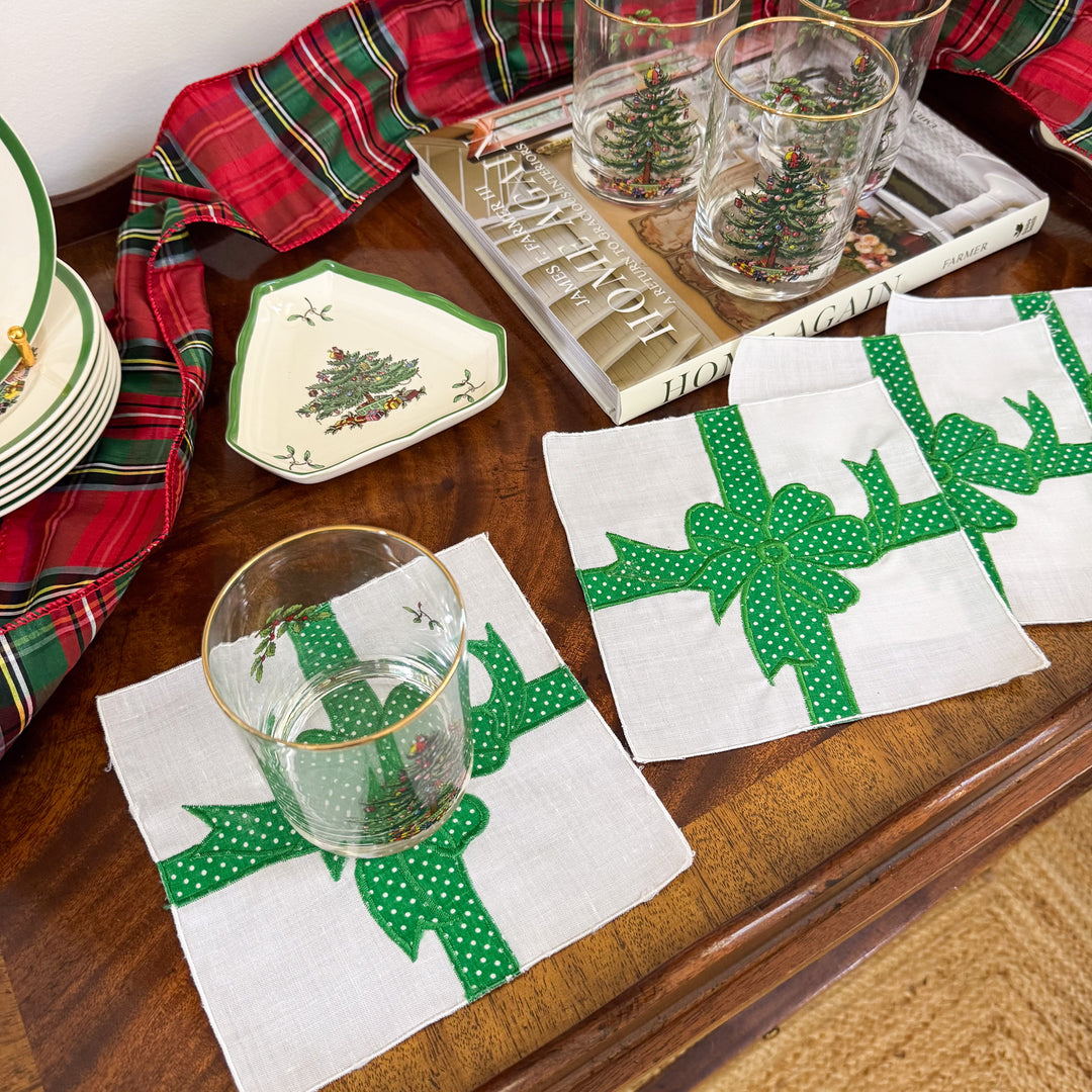 Vintage Christmas Green Bow Cocktail Napkins