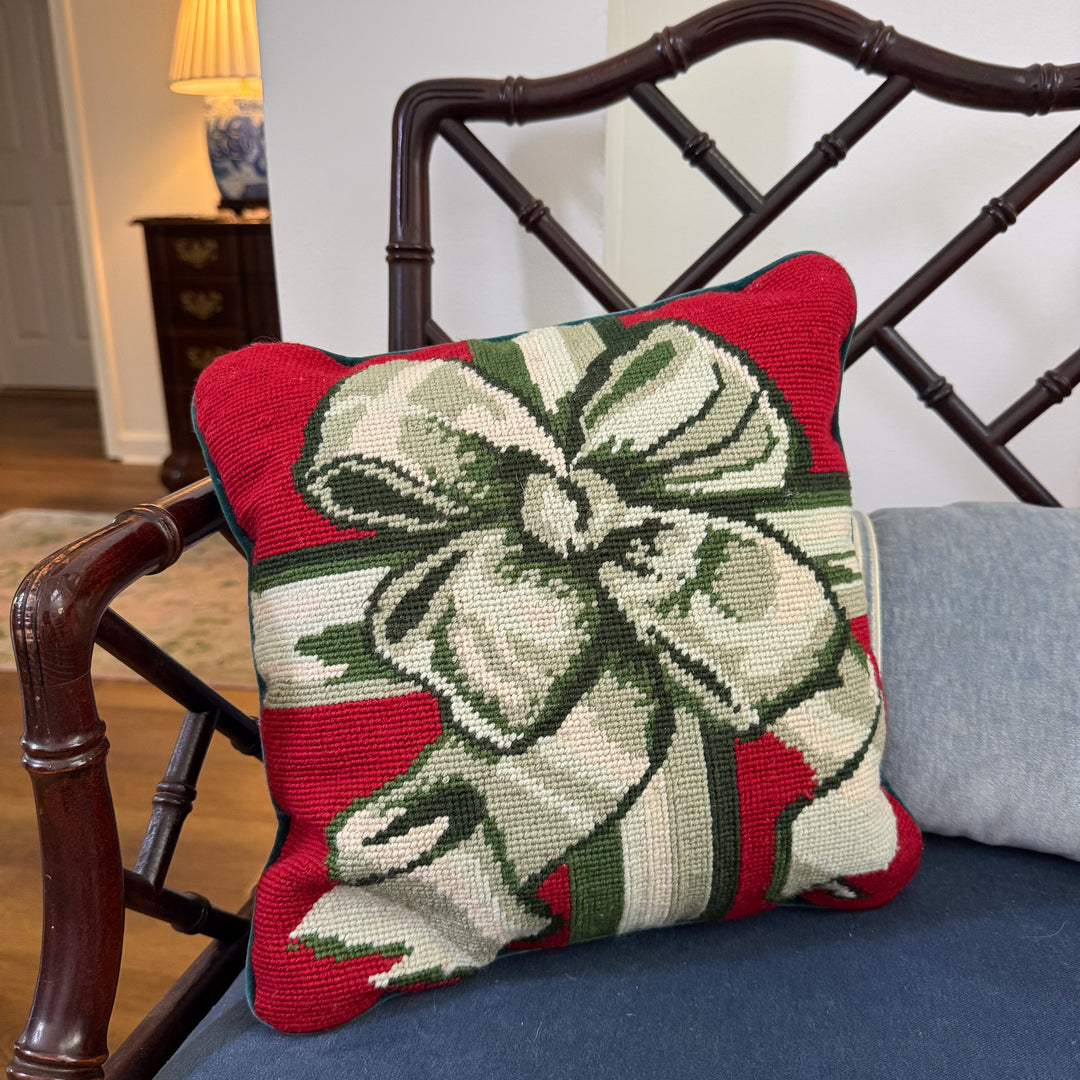 Vintage Bow Christmas Needlepoint Pillow