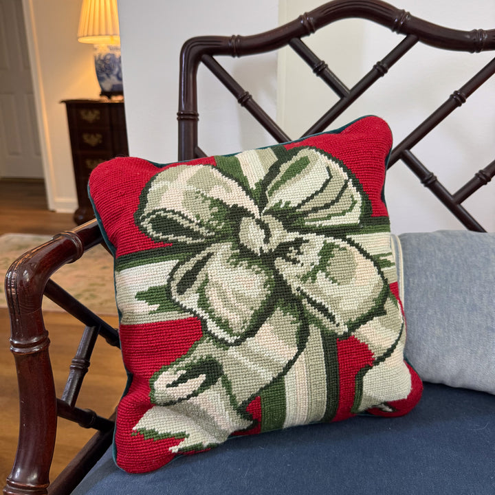 Vintage Bow Christmas Needlepoint Pillow
