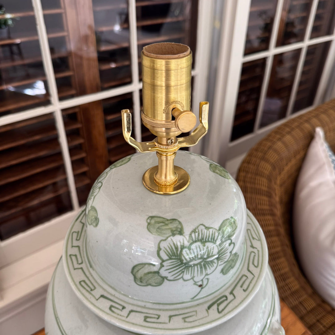 Green and White Floral Temple Jar Lamp