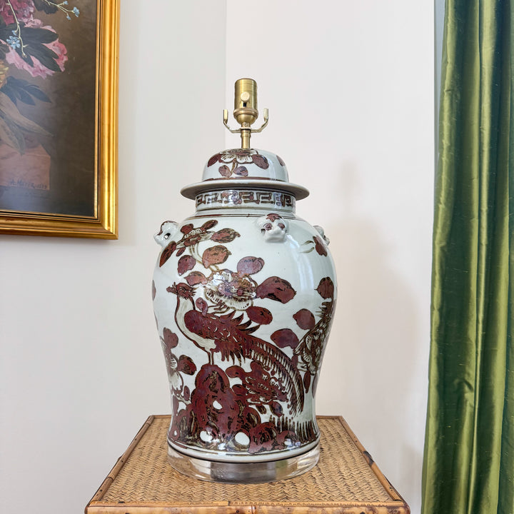 brown and white chinoiserie lamp