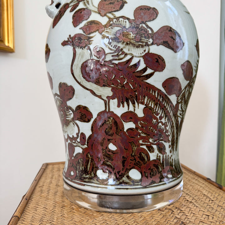 brown and white chinoiserie lamp