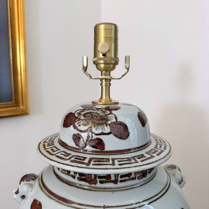 brown and white chinoiserie lamp