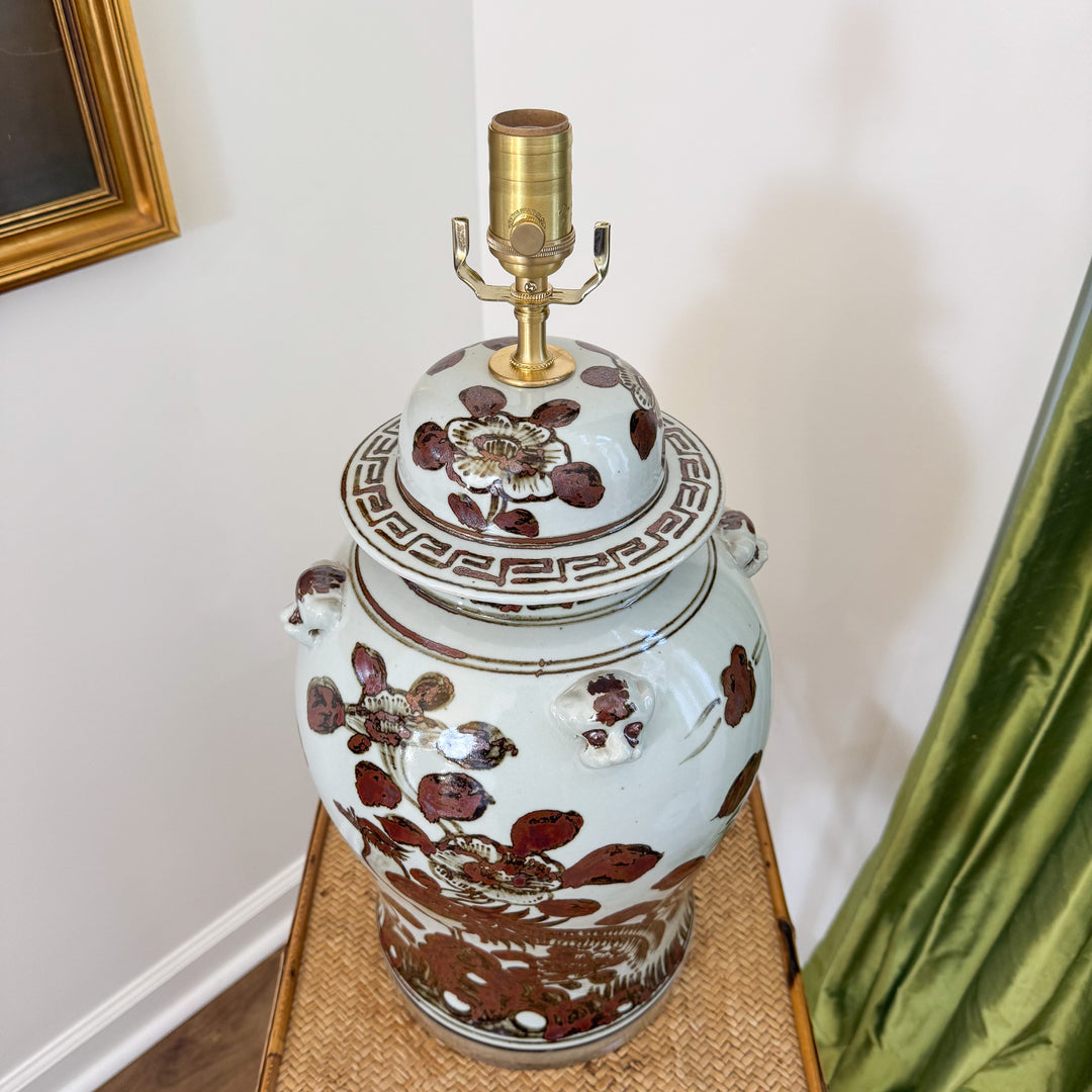 brown and white chinoiserie lamp