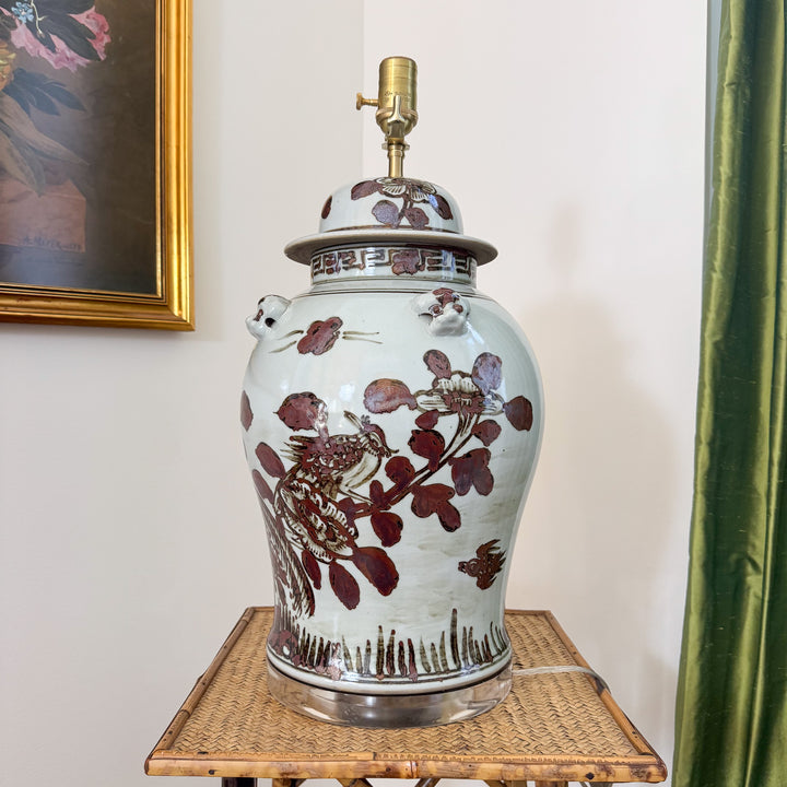 brown and white chinoiserie lamp
