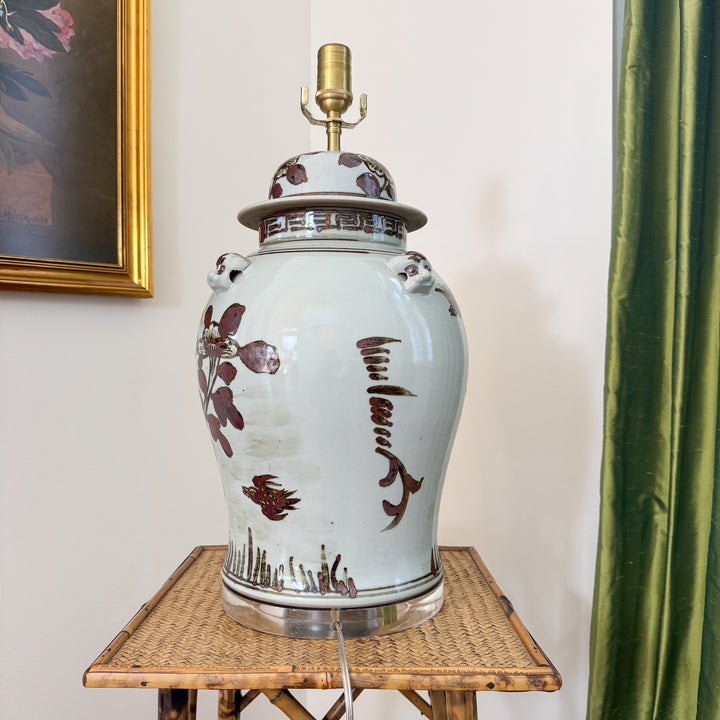 brown and white chinoiserie lamp