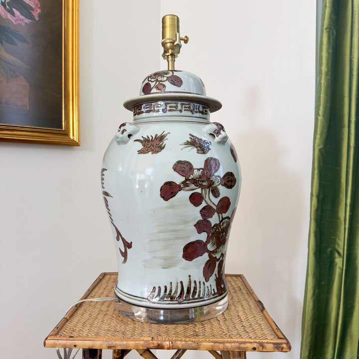 brown and white chinoiserie lamp