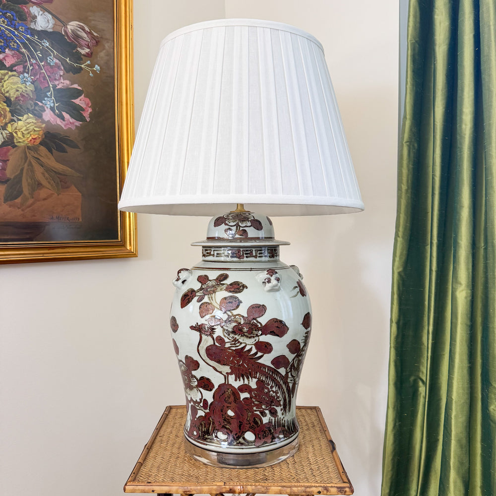 brown and white chinoiserie lamp